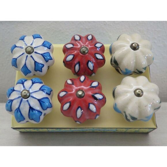 Jaipur Market Blue/Red Leaf & Flower Pattern Ceramic Drawer Knobs, Set Of 6 - Picture 1 of 9